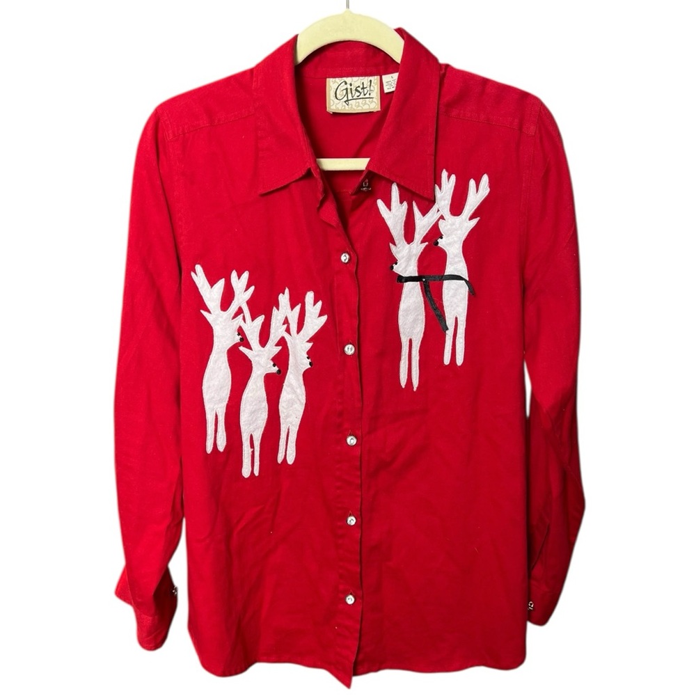 Vintage 90s Gist Holiday Reindeer Button Down Long Sleeve Shirt Red Cotton - L